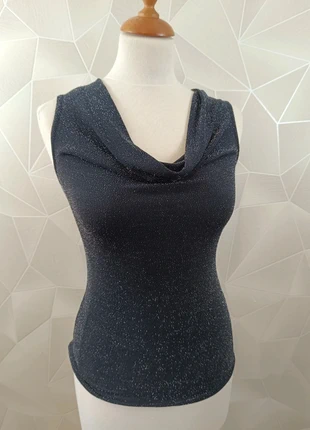 Top noir pailleté Cache Cache – col drapé – taille M (002k), merk: Cache Cache, staat: Heel goed, maat: M / 38 / 10, € 5,00, € 5,95 inclusief Kopersbescherming