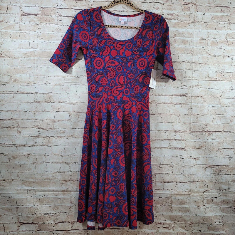 Lularoe Womans Dress Xs Nicole Red Blue Paisley Fit Flare Short Sleeve Textured 1