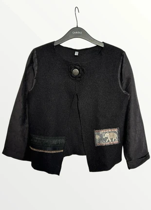 Veste / gilet / pull / boléro noir création artisanale bi-matière détails ethniques, merk: création gurçu, staat: Heel goed, maat: S / 36 / 8, € 15,00, € 16,45 inclusief Kopersbescherming