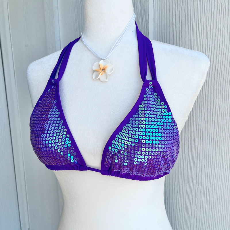 vintage early 2000s mcbling vibrant purple sequin string bikini top 4