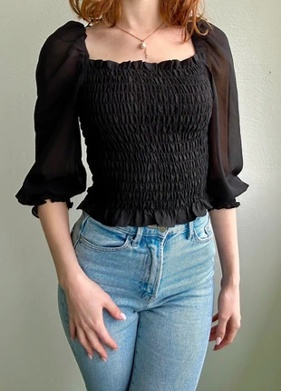 Haut noir smocké manches bouffantes, brand: H&M, condition: Very good, size: XS / 34 / 6, €3.00, €3.85 includes Buyer Protection