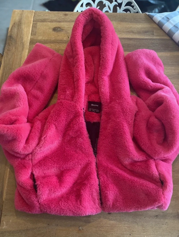 Bershka Faux Fur Cropped Bomber Hoodie Jacket bright Pink