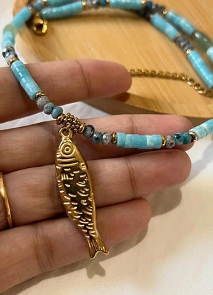 18k Gold Plated Natural Stone Fish Pendant Necklace, brand: Wolf & Badger, condition: Very good, £13.99, £15.39 includes Buyer Protection