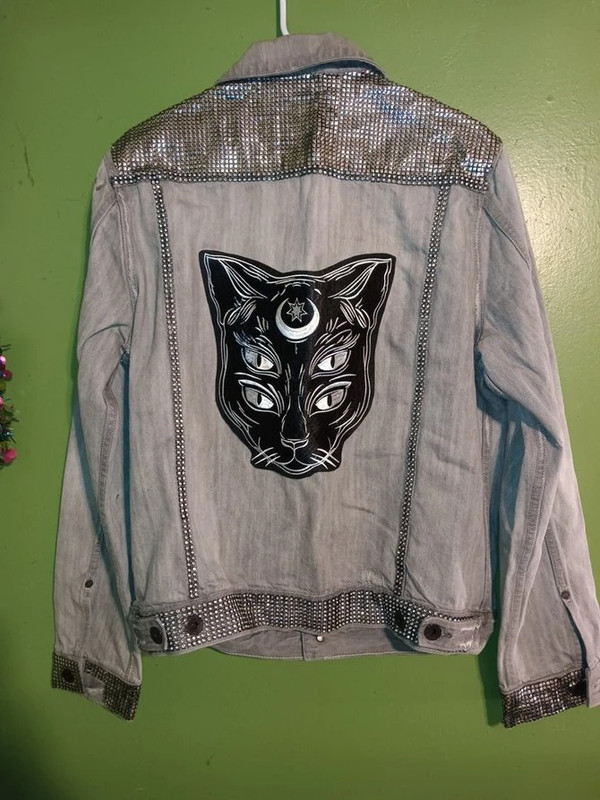 Witchy Vibes Grey Denim Jacket with Patches & Studs / Ladies Size Medium 2