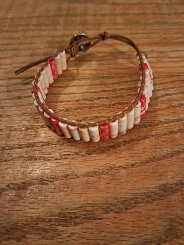 Pink stone bracelet with brown cord 2