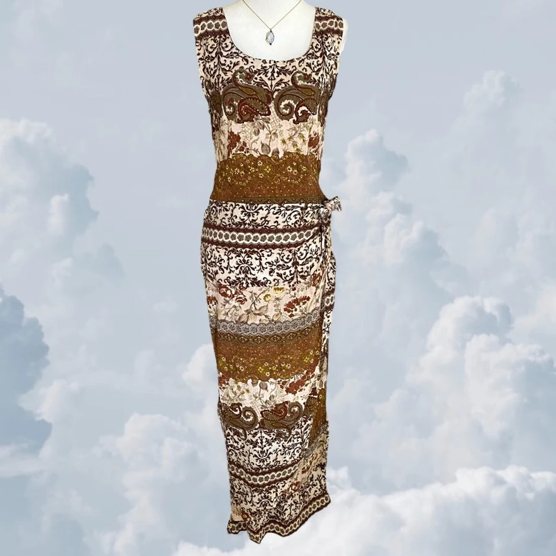 Vintage garden fairy brown tan boho hippie wrap midi maxi dress 1
