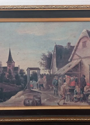 Tableau encadré vintage scène de village, état: Bon état, 29,00 €, 31,15 € Protection acheteurs incluse