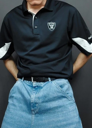 Maillot Polo Vintage 90s Oversize "Reebok / NFL" Noir et Blanc à Logo Écusson et Patch Brodé (S), merk: Reebok x NFL, staat: Heel goed, maat: S, € 19,00, € 20,65 inclusief Kopersbescherming Pro