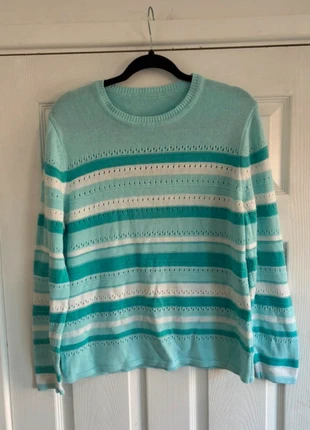 Cosy, stylish turquoise and white striped knit jumper size medium, brand: Source Unknown, condition: Very good, size: M / 10, £2.99, £3.84 includes Buyer Protection