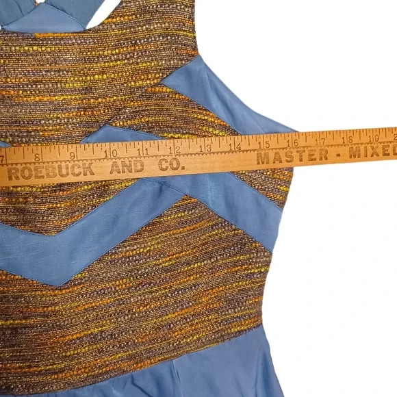 Wish Periwinkle Blue Yellow Orange Tweed Embroidered Sleeveless A-Line Dress S 5