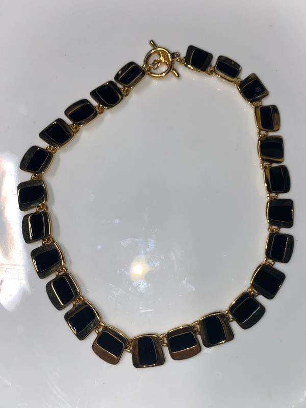 Vintage 18” goldtone metal toggle clasp necklace black enamel squares 5