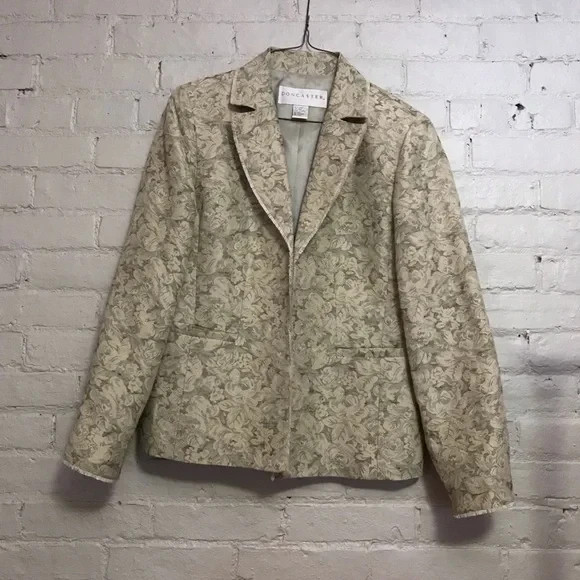 Doncaster 14 Linen Silk Floral Tan Tapestry Frayed Long Sleeve Blazer Jacket 1