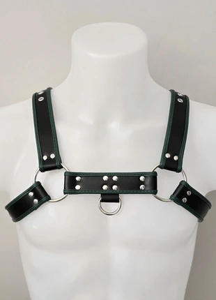 Mens Black/Green Faux Leather Chest Harness Belt With Silver Studs & D Rings, condition: New without tags, size: Adjustable, £19.99, £21.69 includes Buyer Protection