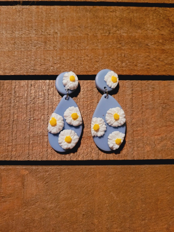 Light Blue & White  Floral Clay Earrings 1