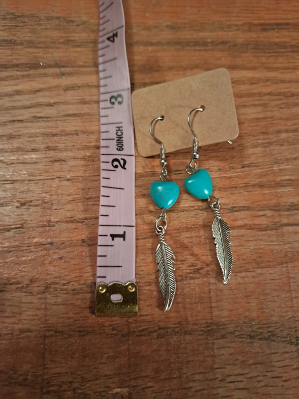 Silver feather earrings with turquoise heart 3