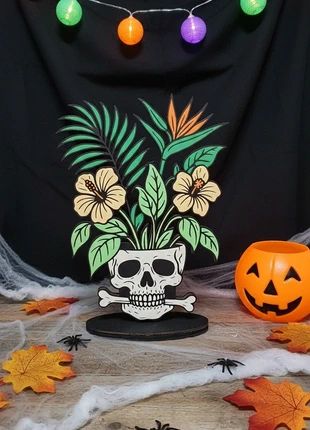 Crâne fleuri en bois Déco Halloween 20 cm, marque: Unique, état: Neuf sans étiquette, 13,00 €, 14,35 € Protection acheteurs incluse