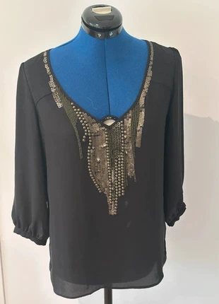 Blouse noire fluide à manches 3/4 ornée de sequins argentés – Phildar – Taille 36, brand: Phildar, condition: Very good, size: S / 36 / 8, €12.00, €13.30 includes Buyer Protection Pro