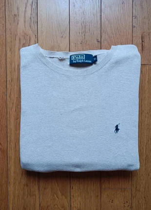 Pull col rond / crewneck Ralph Lauren beige léger logo brodé bleu marine - taille XL homme, merk: Ralph Lauren, staat: Goed, maat: XL, € 20,00, € 21,70 inclusief Kopersbescherming