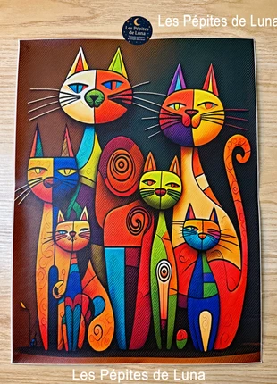Impression sur toile Famille de chats colorés 30x40cm, état: Neuf avec étiquette, 6,90 €, 7,95 € Protection acheteurs (Pro) incluse