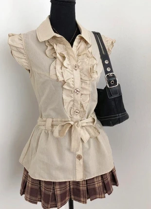 Tan and cream striped button up blouse with ruffles, brand: Feathers, condition: Very good, size: 12 / L, $22.00, $23.80 includes Buyer Protection