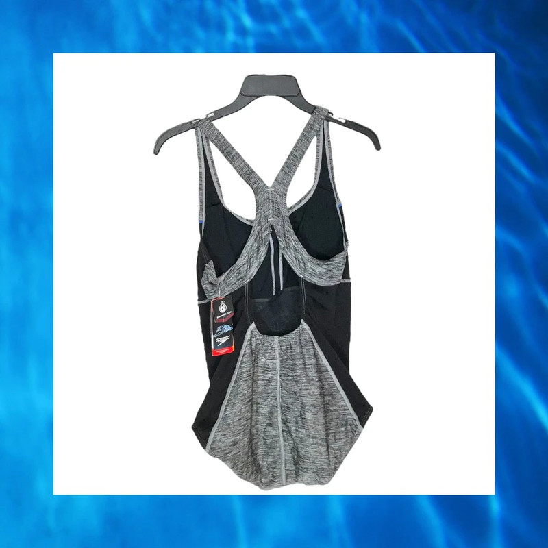 Speedo New w Tags Black & Gray w Blue 1-Piece Swimsuit Removable Cups Modest Cut Women Sz 10 5