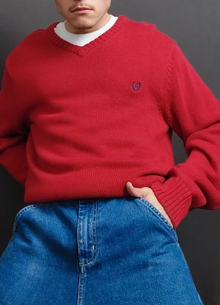 Pull à Col V "Chaps" Vintage 90s en Maille Unie Rouge à Logo Brodé 100% Coton (XL), brand: CHAPS, condition: Very good, size: XL, €19.00, €20.65 includes Buyer Protection Pro