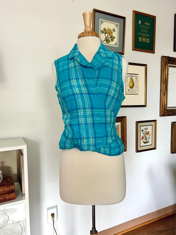 Vintage Linen Blue Plaid Sleeveless Blouse 2