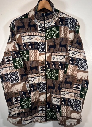 Vintage Fleece Jacket – Brown & Green Nordic Animal Print | Size M, condition: Good, size: M / UK 12-14, £8.00, £9.10 includes Buyer Protection