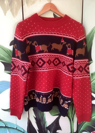 Pull de Noel Monoprix neuf L pull en laine rouge et marine imprimé teckels, brand: Monoprix, condizioni: Nuovo senza cartellino, taglia: L / IT 44 / EU 40, €39.00, €41.65 include la Protezione acquisti