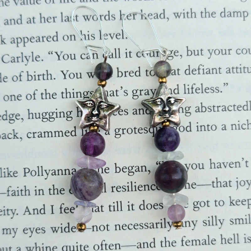 Fluorite gemstone and star dangle earrings 1