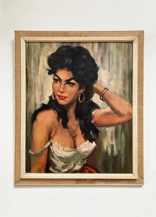 Beautiful big framed vintage painting of a gypsy lady by Torino, merk: Vintage, staat: Goed, € 54,00, € 57,40 inclusief Kopersbescherming