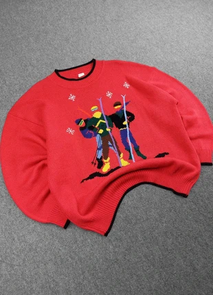 Pull Rare Vintage 80s en Maille Rouge Multicolore Motifs Imprimé Brodé "Skieurs / Flocons Neige" (L), marke: Vintage Dressing, zustand: Sehr gut, größe: L, 49,00 €, 52,15 € beinhaltet Vinted-Käuferschutz Pro