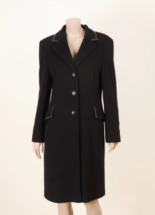 Manteau long noir en laine vierge et cachemire – vintage avec détails simili cuir – taille L, brand: Vintage Dressing, condition: Very good, size: L / 40 / 12, €90.00, €95.20 includes Buyer Protection