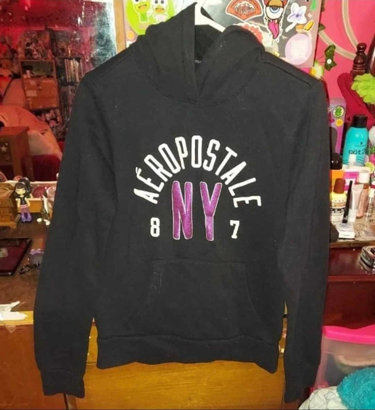 Aeropostale black pullover Hoodie with white graphic + purple glitter graphic