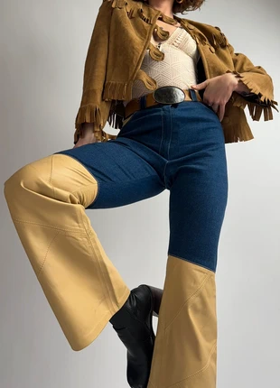 80s 90s Pantalon vintage jeans / cuir taille haute jambes évasées 70s western, marque: Vintage, état: Neuf sans étiquette, taille: M / 38 / 10, 180,00 €, 189,70 € Protection acheteurs (Pro) incluse