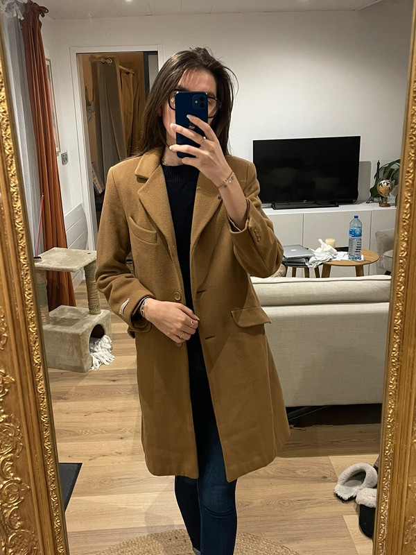 Manteau mi long oversize coupe blazer cachemire et laine camel marron 3