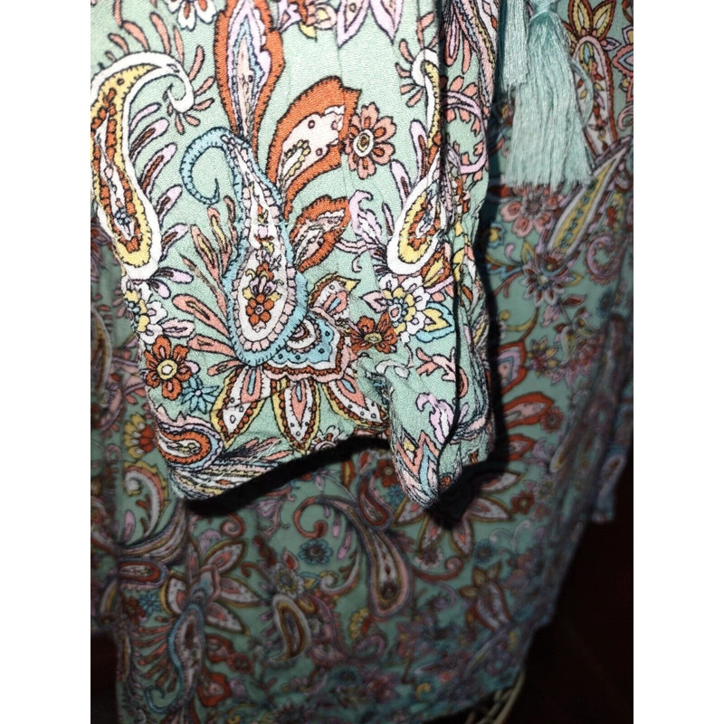 Women Top L Teal Floral Paisley Shirt 3/4 Sleeve Boho Tee Peasant Blouse Fringe 5