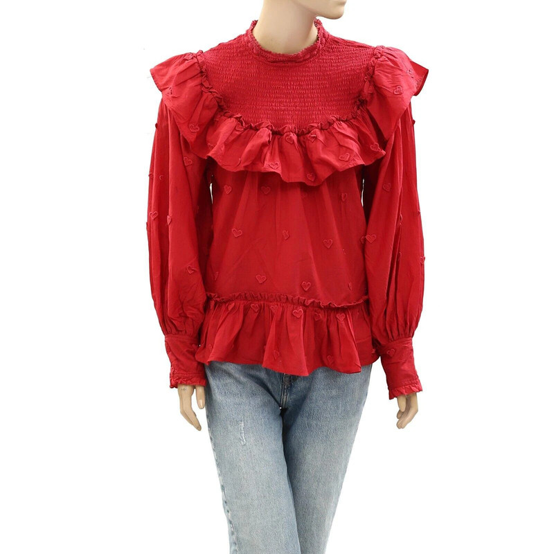 Farm Rio Anthropologie 3D Applique Blouse Top Ruffle Smocked Cotton S New 270972 1