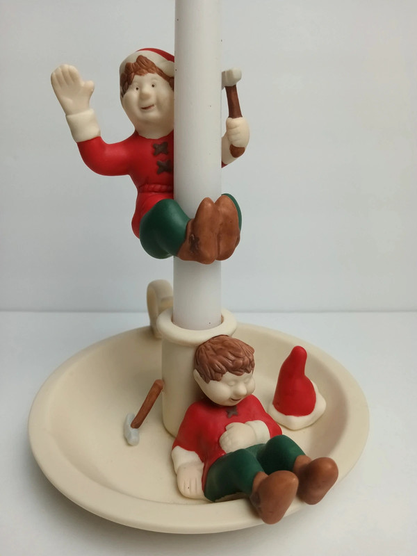 PartyLite 1990s Christmas Elves Saucerlite Bisque Porcelain Candle Stick Holder 1