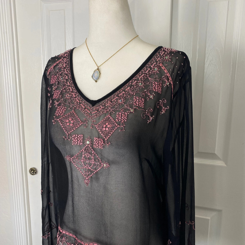 Black pink beaded embroidered silk Whimsygoth fairy top 3