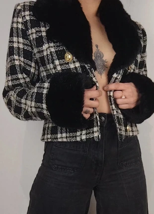 Veste laine à carreaux courte fausse fourrure Vintage 80s 90s y2k taille XS/S, brand: Vintage, condition: Very good, size: XS / 34 / 6, €45.00, €47.95 includes Buyer Protection Pro