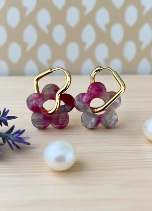 Boucles d’oreilles créoles cœur dorées avec pampilles interchangeable fleurs rose bicolores, brand: La Boutique, condition: Very good, €6.00, €7.00 includes Buyer Protection