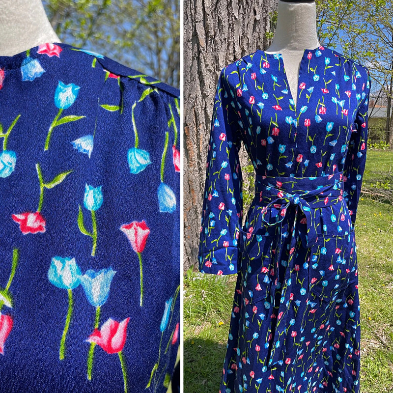 Vintage 60s 70s Hawaiian Print Barkcloth Kimono Tie Waist  Dress 3