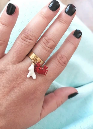 Bague acier pampilles crabe et corail Ajustable, marque: Creatrice, état: Très bon état, taille: Ajustable, 12,00 €, 13,30 € Protection acheteurs (Pro) incluse