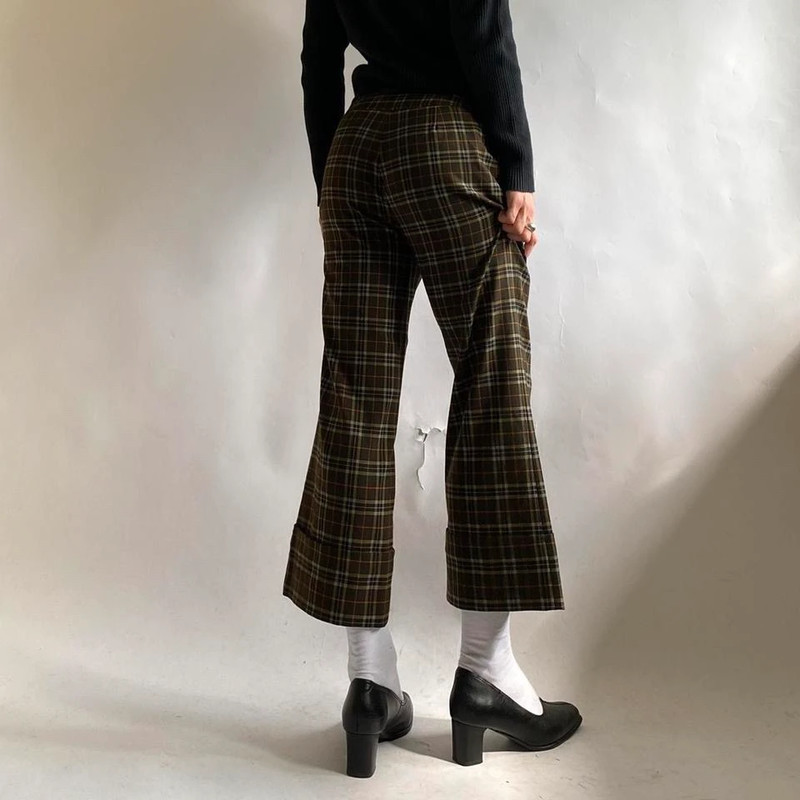 Vintažinės ( vintage brown/khaki checkered flared pants/trousers) languotos kelnės 2