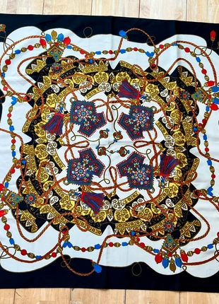 Vintage Silky Square Scarf Black Blue & Yellow Baroque Equestrian Print 34” VGC, brand: true vintage, condition: Very good, £8.00, £9.10 includes Buyer Protection Pro