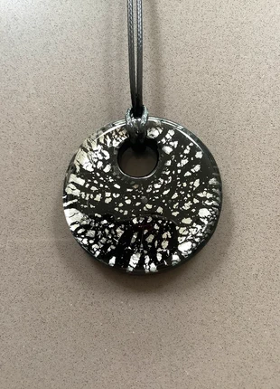 Vintage black silver abstract Murano glass donut ring cord necklace, condition: Very good, £5.00, £5.95 includes Buyer Protection Pro