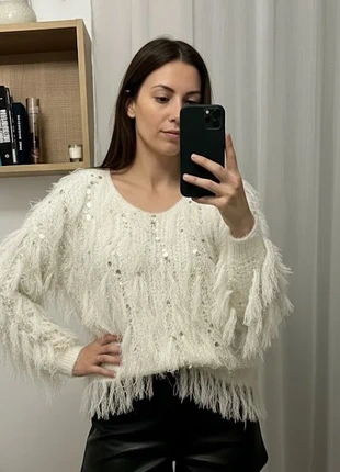 Pull blanc duveteux à sequins argentés – style glamour et cocooning, marque: Glamour, état: Très bon état, taille: M / 38 / 10, 38,00 €, 40,60 € Protection acheteurs (Pro) incluse