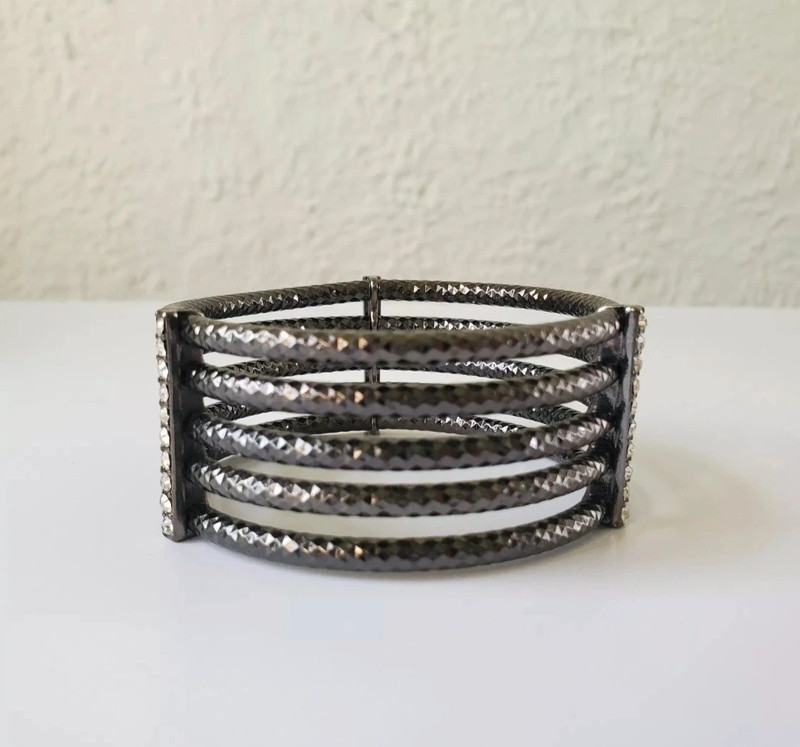 Wide Cuff Bracelet stretch Metal and  Rhinestone Dark Gray Costume Jewelry 2