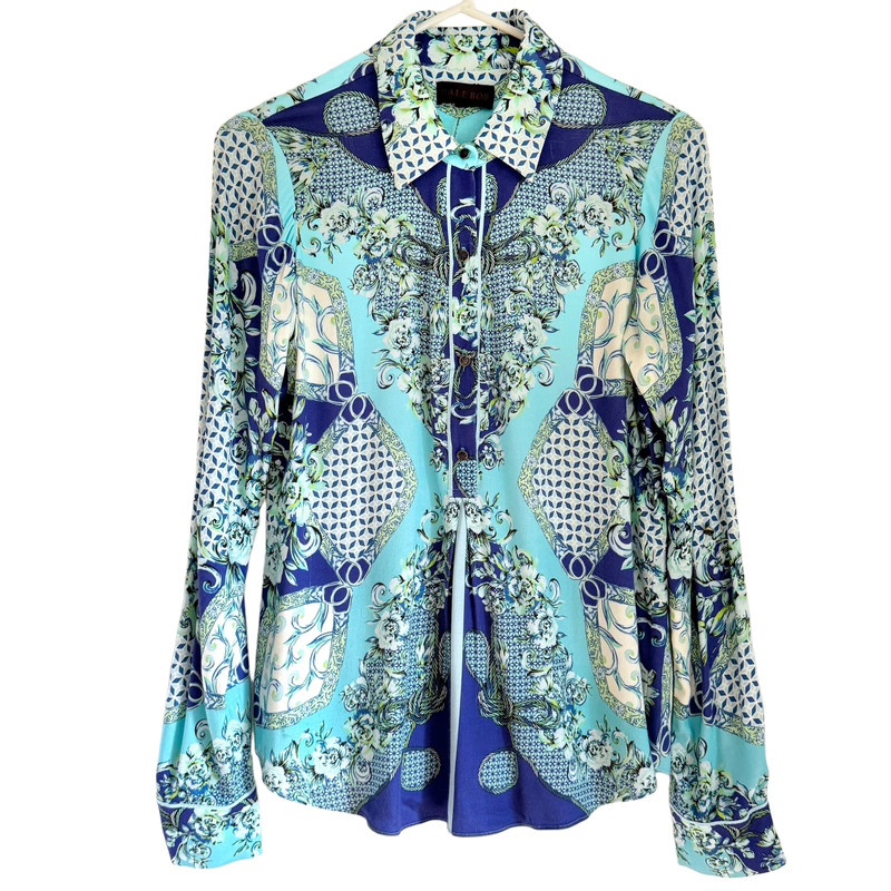 Hale Bob Printed Top Long Sleeve Blouse Blue Small Women's Shirt 1